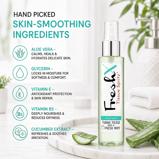 Bottle of FreshX Tissue Spritz with skin-smoothing ingredients listed on a blurred background