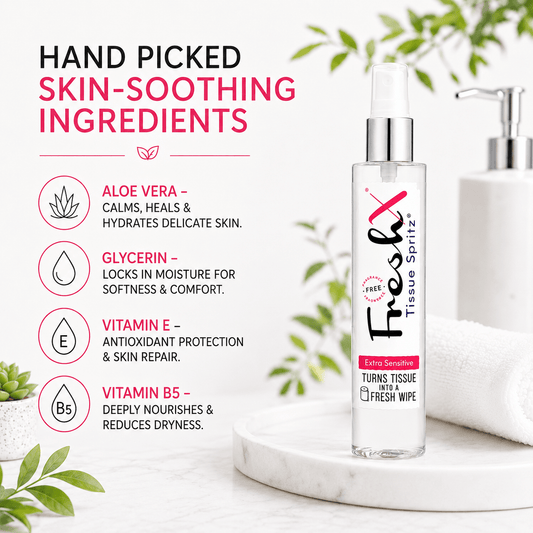 FreshX tissue spray with skin-soothing ingredients listed on a white background