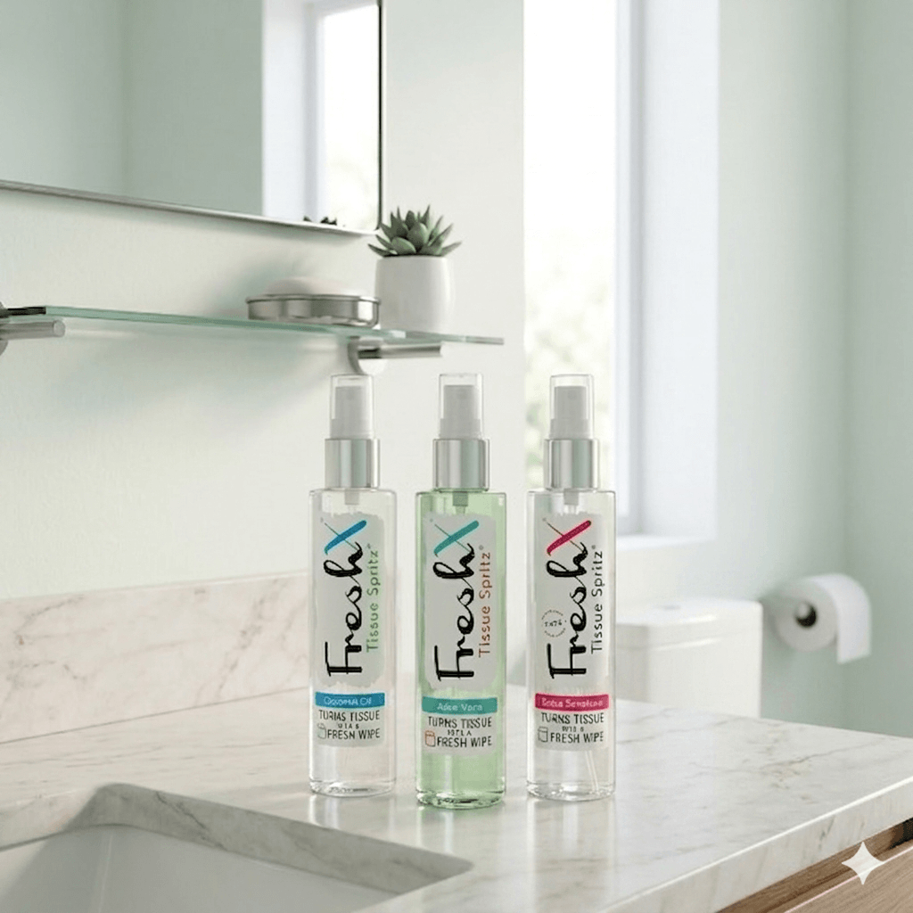 FreshX Toilet Paper Spray in a bathroom