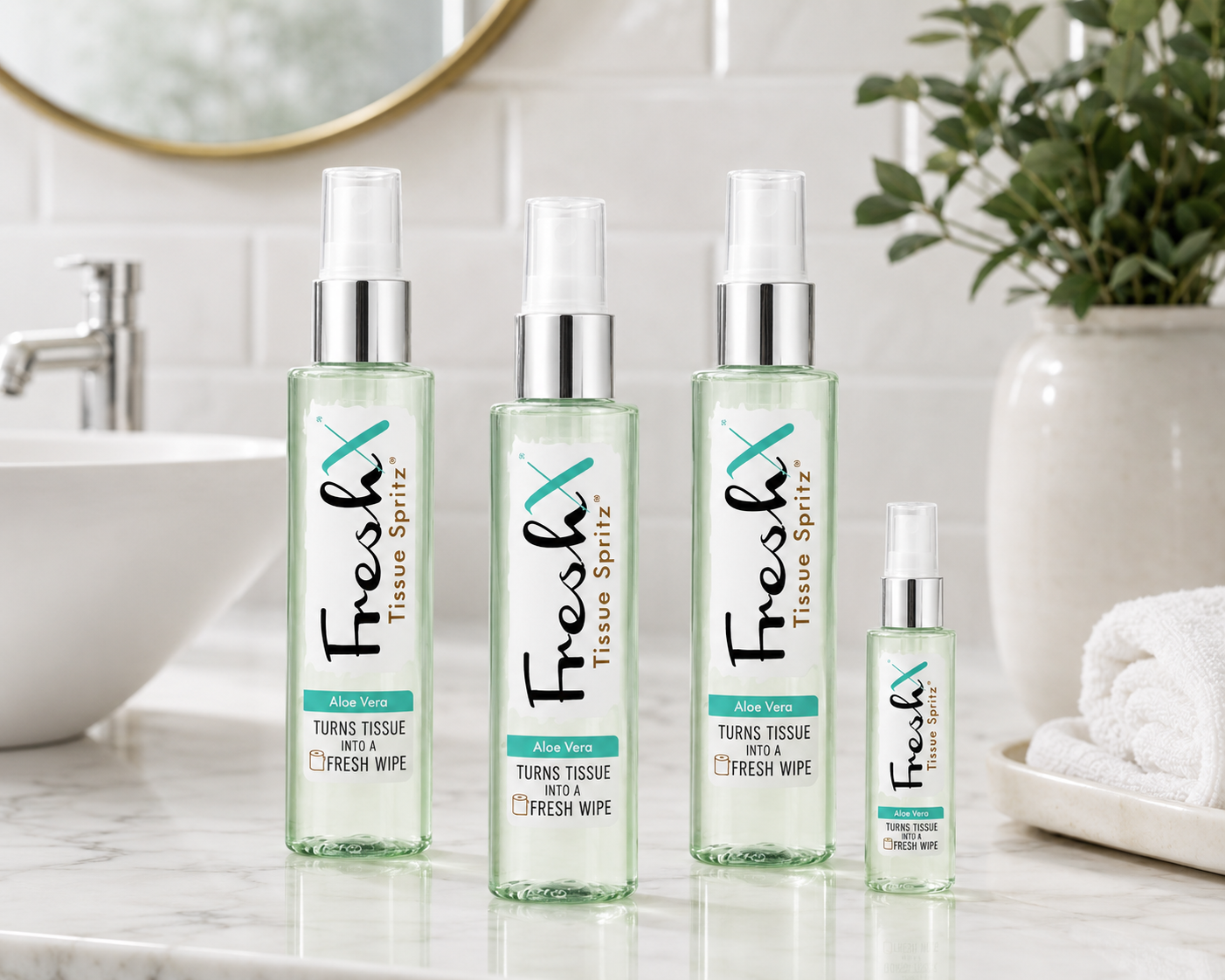 FreshX Home and Away Bundle  | Toilet Paper Spray 4-Pack | Aloe Eco-Friendly Wet Wipe Alternative (3 x 100ml, 1 x 50ml)