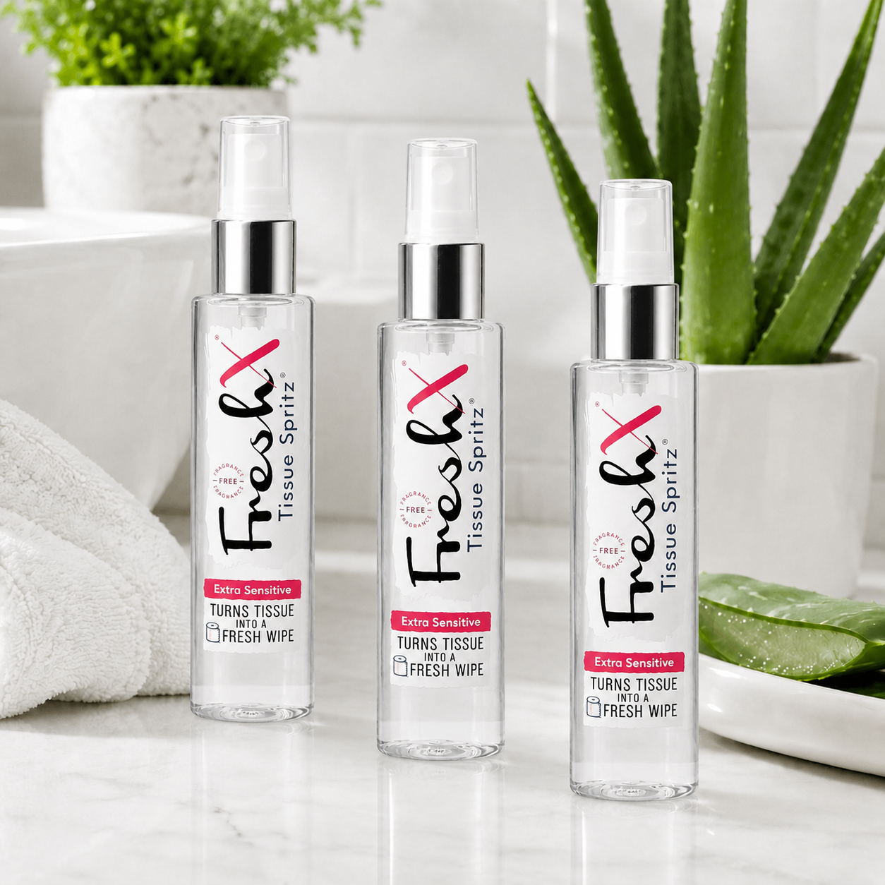 FreshX Toilet Paper Spray | 3 pack | Hypoallergenic & Unfragranced for Sensitive Skin | Flushable Wipe Alternative.