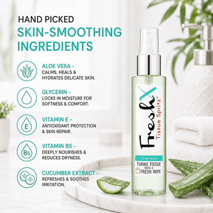 Bottle of FreshX Tissue Spritz with skin-smoothing ingredients listed on a blurred background