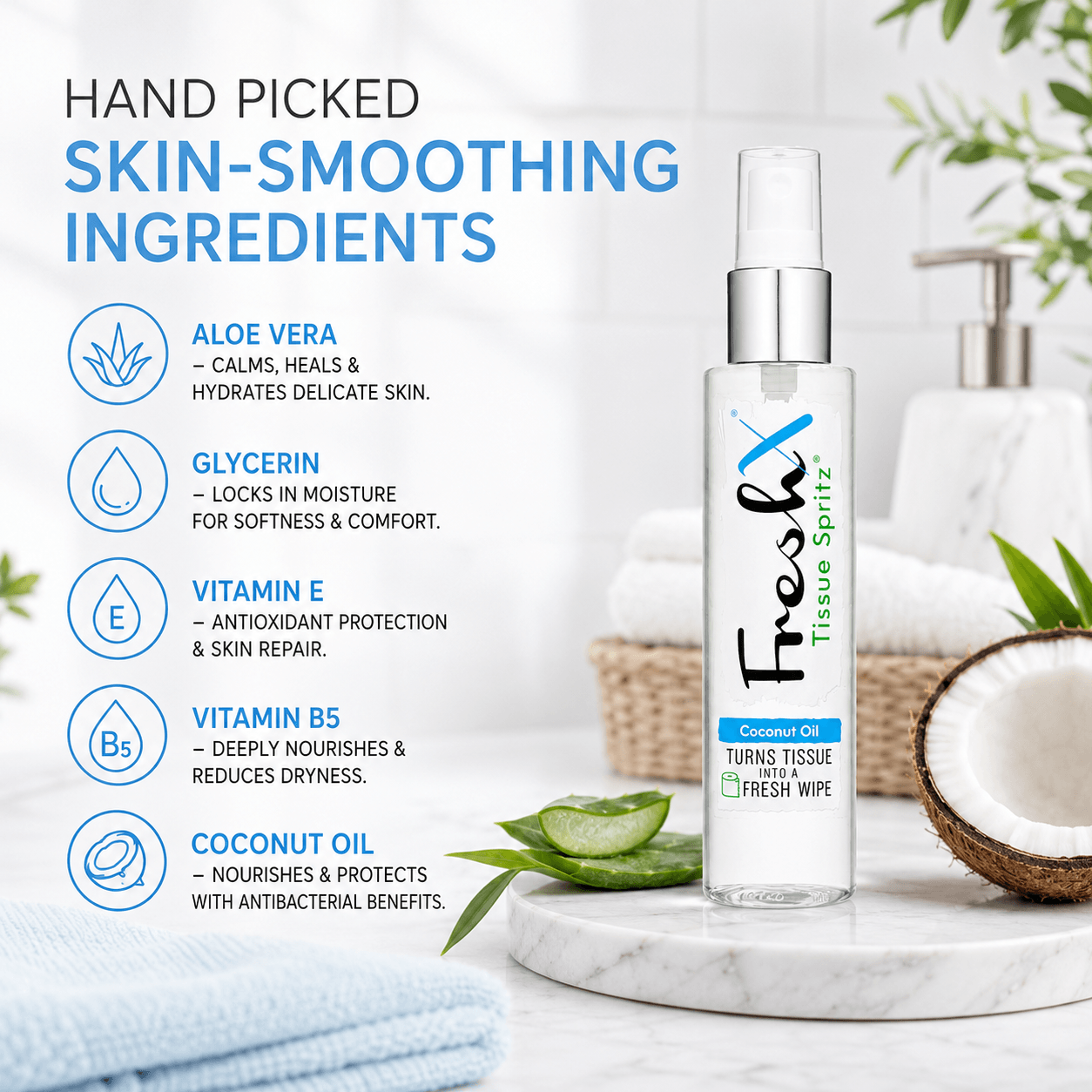 FreshX tissue spritz bottle with skin-smoothing ingredients list on a marble surface.