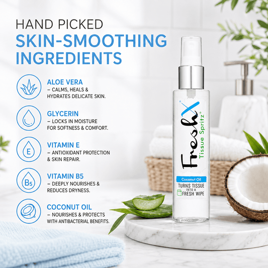 FreshX tissue spritz bottle with skin-smoothing ingredients list on a marble surface.