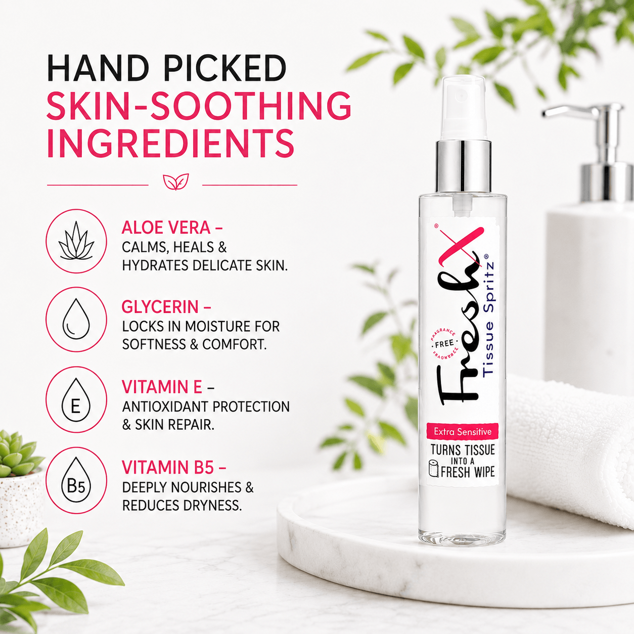 FreshX tissue spray with skin-soothing ingredients listed on a white background

