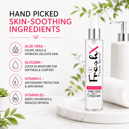 FreshX tissue spray with skin-soothing ingredients listed on a white background

