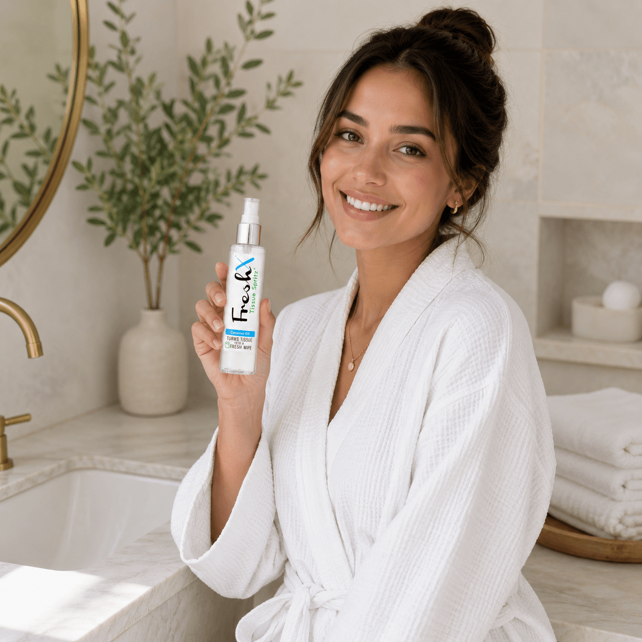 Woman in a white robe holding a bottle of FreshX Coconut Oil Tissue Spritz product in a bathroom setting.