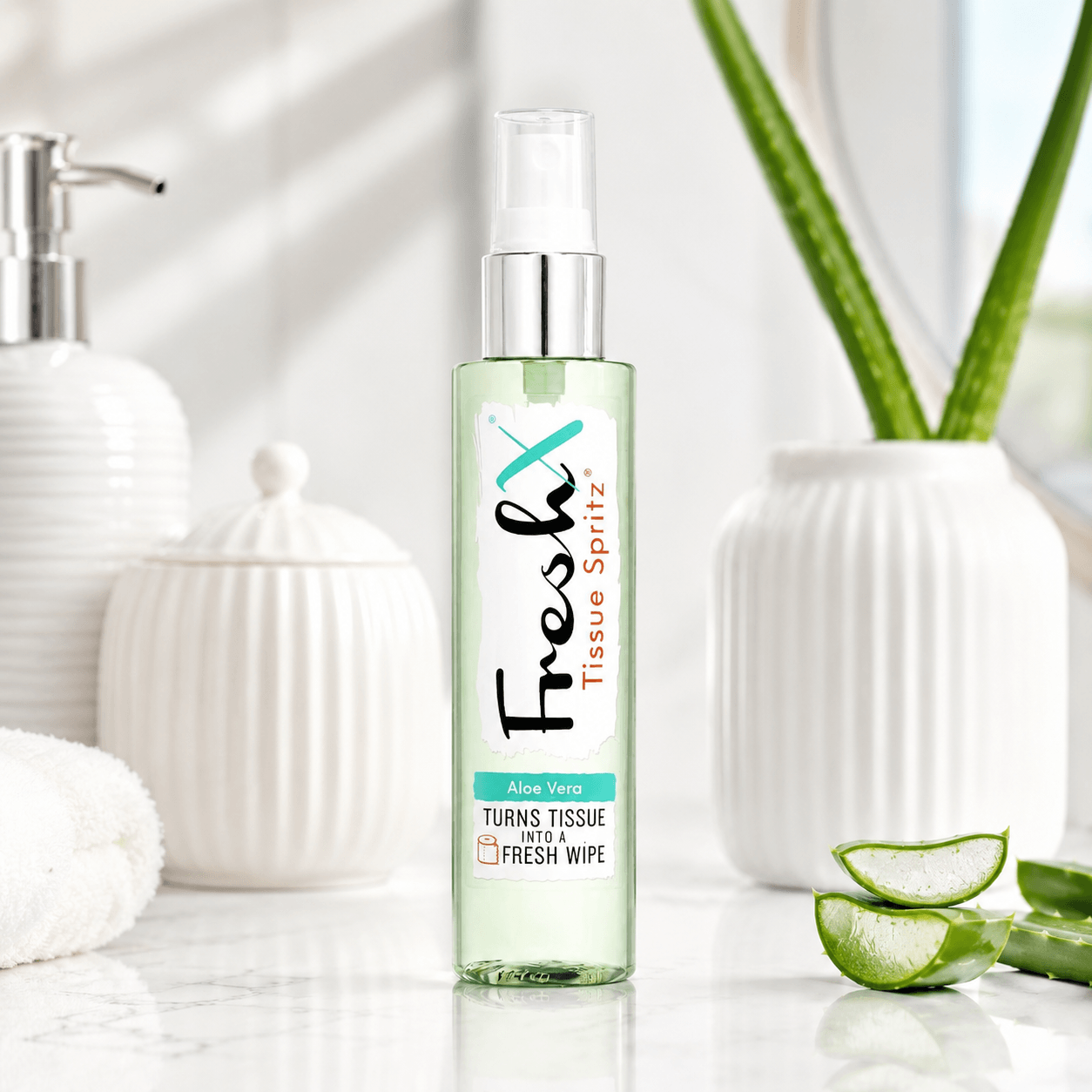 Bottle of FreshX Tissue Spritz with aloe vera on a bathroom counter.