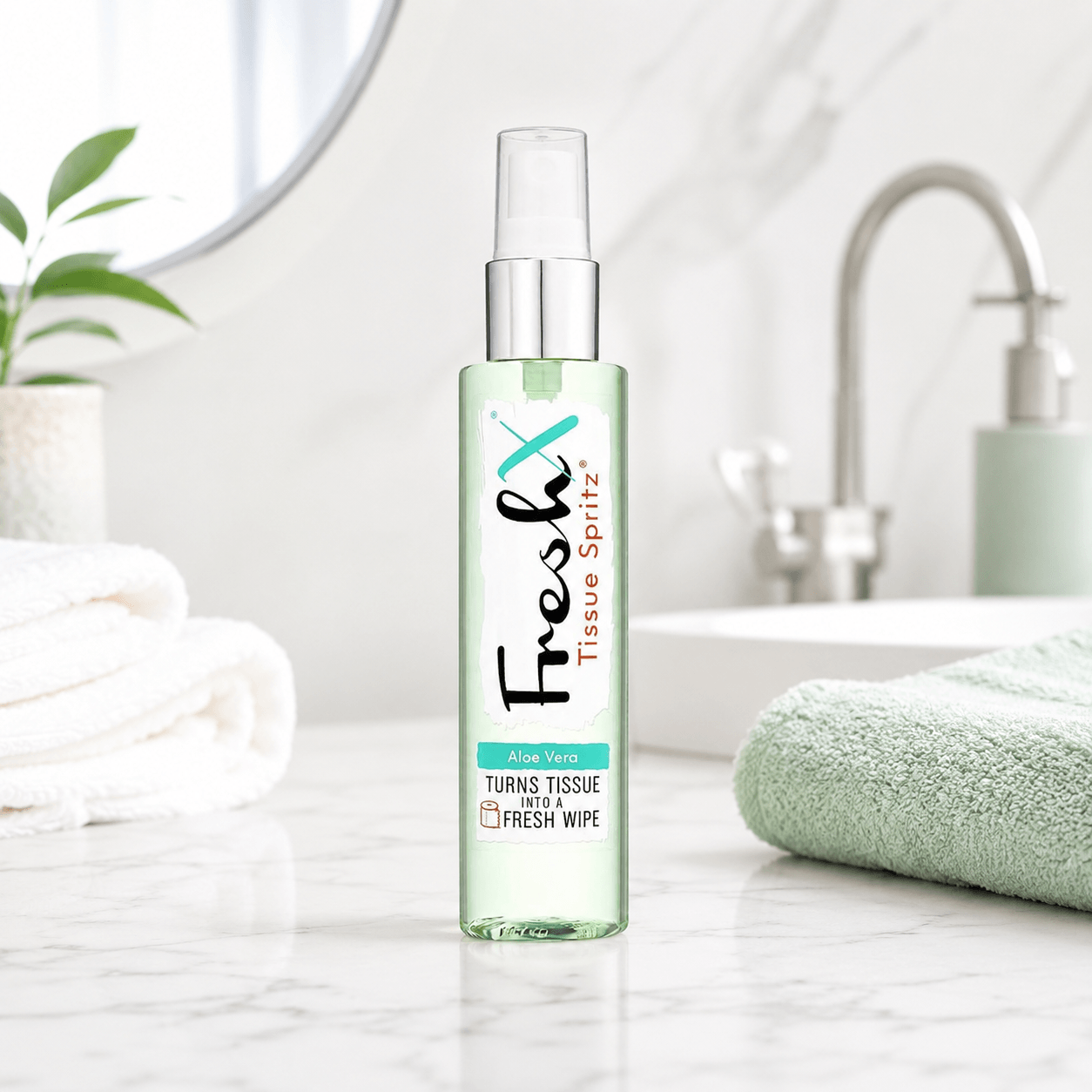 FreshX tissue spritz bottle on a bathroom counter with towels and a mirror in the background