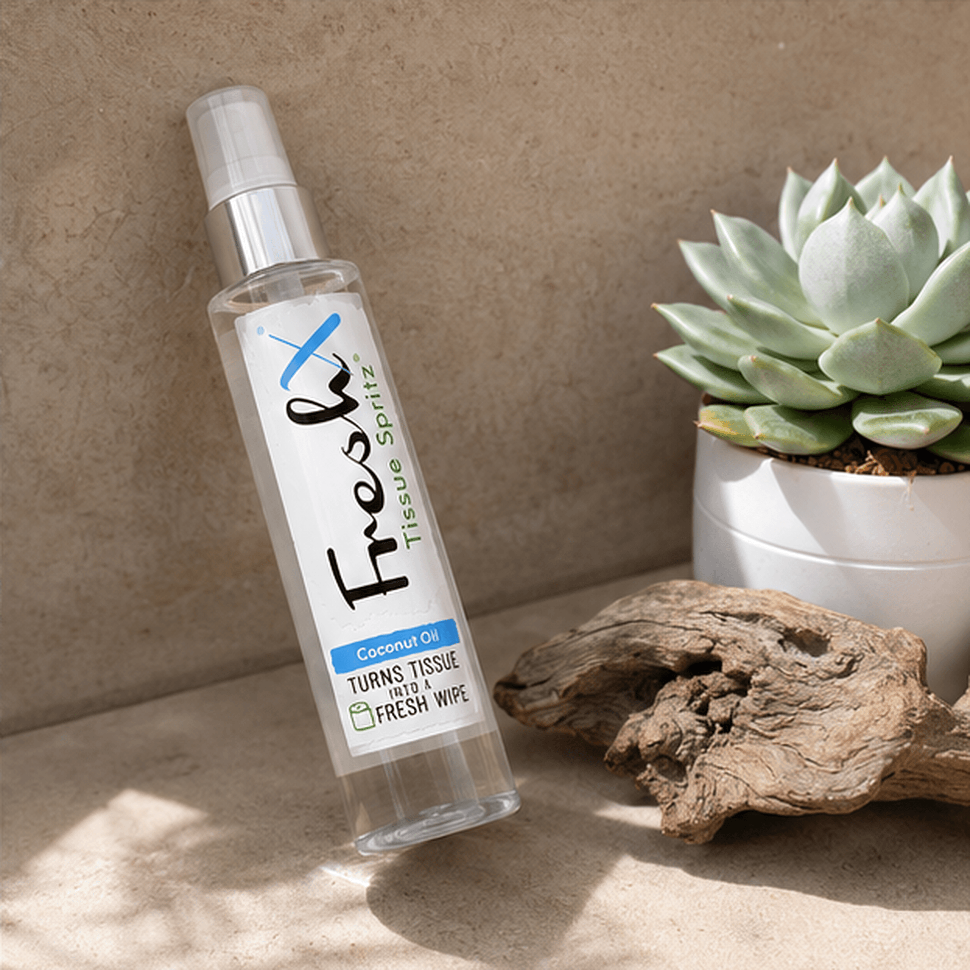 FreshX tissue spray bottle with a succulent plant and wooden log on a neutral background