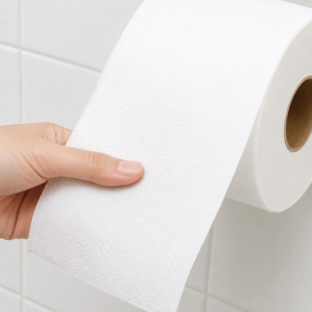Hand holding a roll of white paper towel against a light background